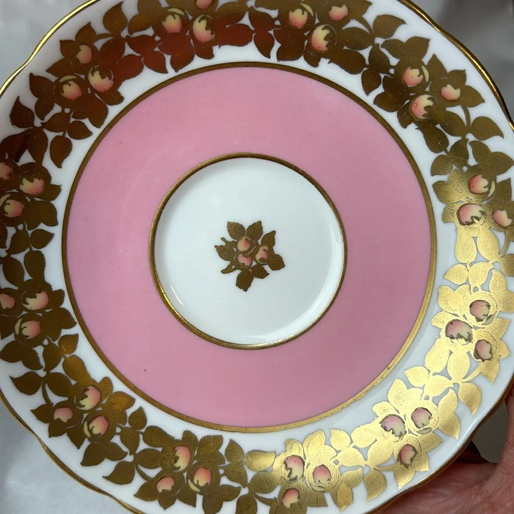 Antique Grosvenor Tea Cup and Saucer Set heavy gold vine with peaches